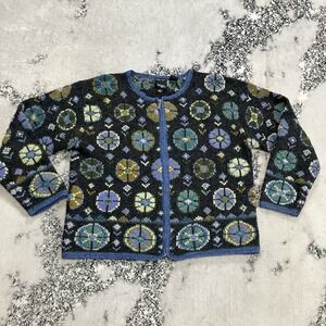 Nordic Design Hand Knit Wool Cardigan Sweater Blue Multicolor Zip Size L